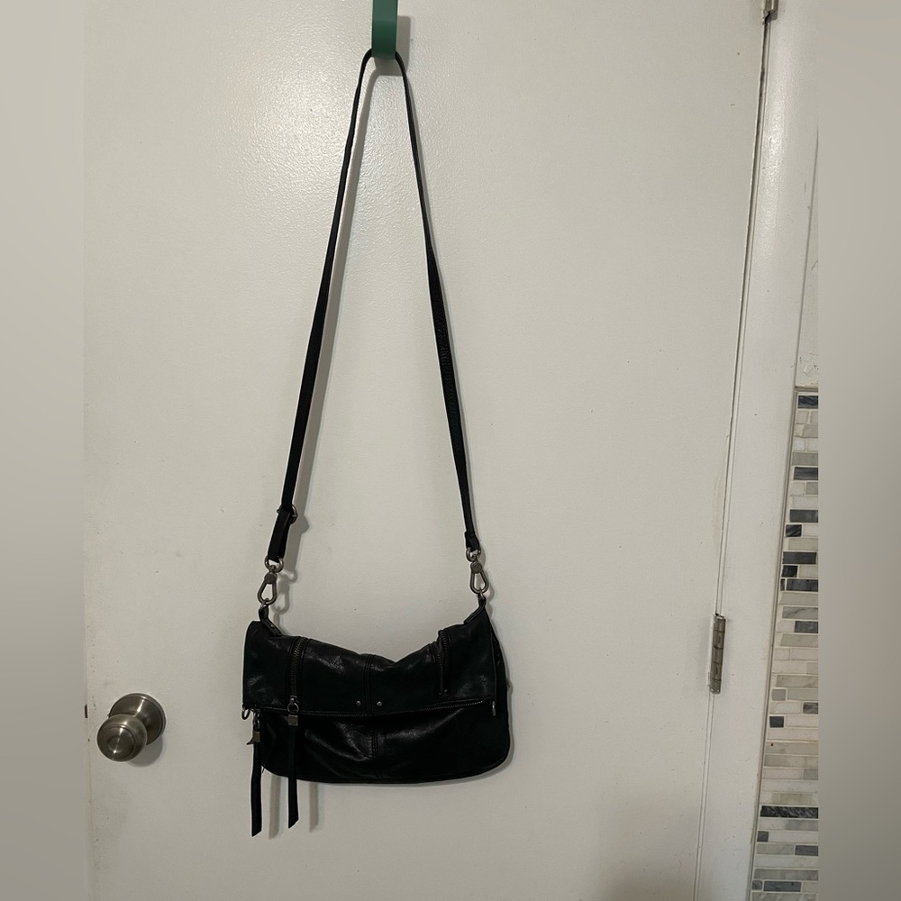The Sak Black Soft Genuine Leather Foldover Front Crossbody Satchel bag